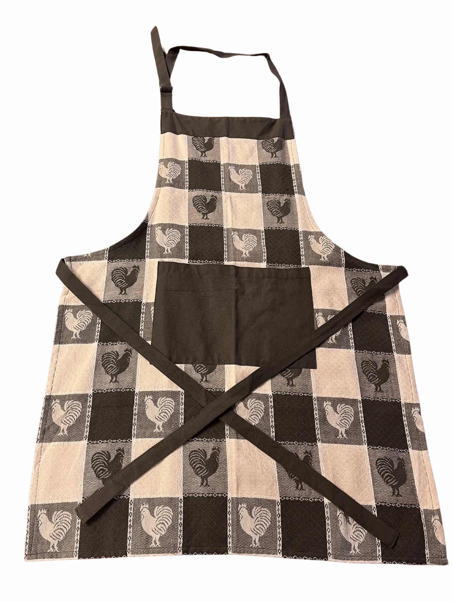 { Rutigt Retro Tygförkläde med ficka, Motiv: Tuppar, 3 varianter { shop_name }} Svart & Vit Pryloasen
