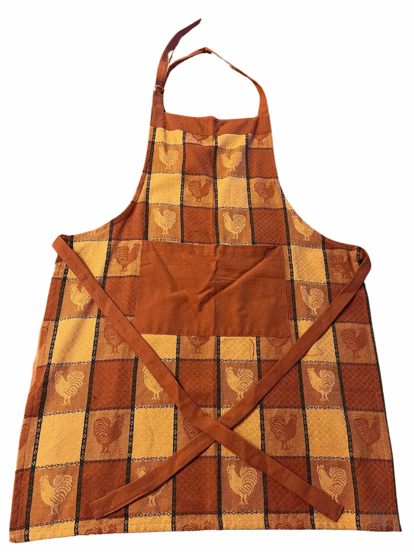 { Rutigt Retro Tygförkläde med ficka, Motiv: Tuppar, 3 varianter { shop_name }} Gul & Orange Pryloasen