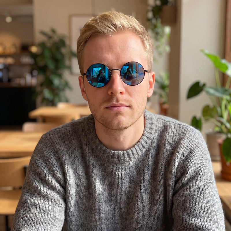 Solglasögon – runda, svartfärgade, mörkblå lins