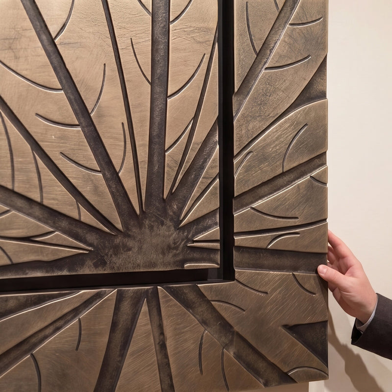 Lädertavla Löv Guld - Handgjord 3D-Konst, 72x72cm