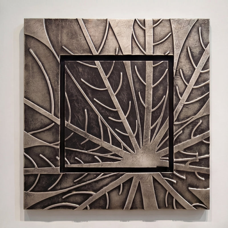 Lädertavla Löv Silver - Handgjord 3D-Konst, 72x72cm