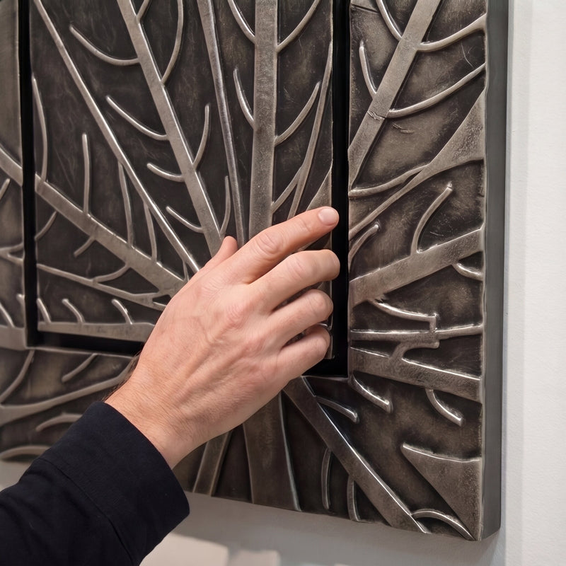 Lädertavla Löv Silver - Handgjord 3D-Konst, 72x72cm