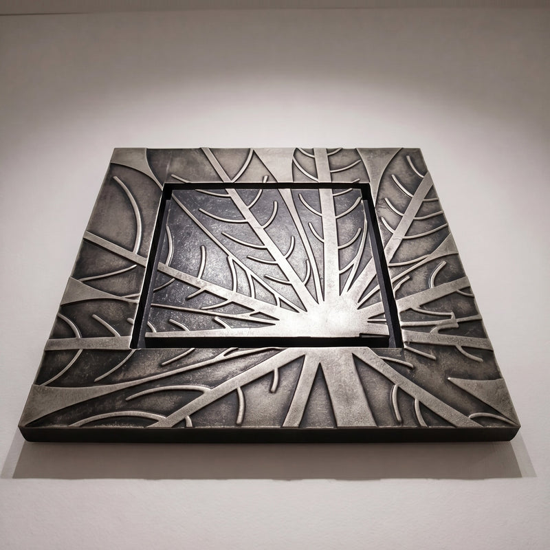 Lädertavla Löv Silver - Handgjord 3D-Konst, 72x72cm