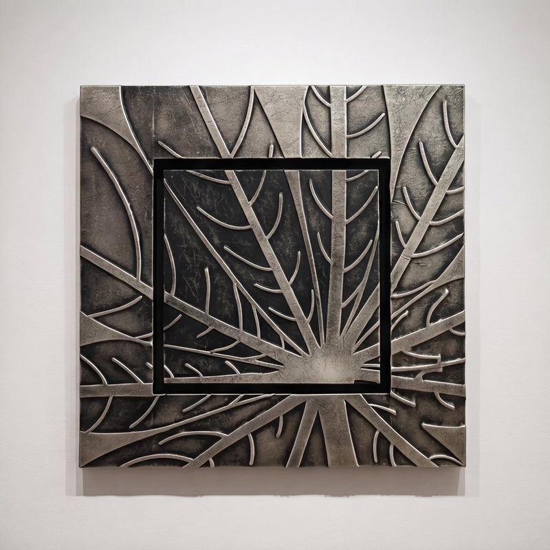 Lädertavla Löv Silver - Handgjord 3D-Konst, 72x72cm