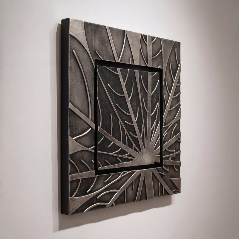 Lädertavla Löv Silver - Handgjord 3D-Konst, 72x72cm